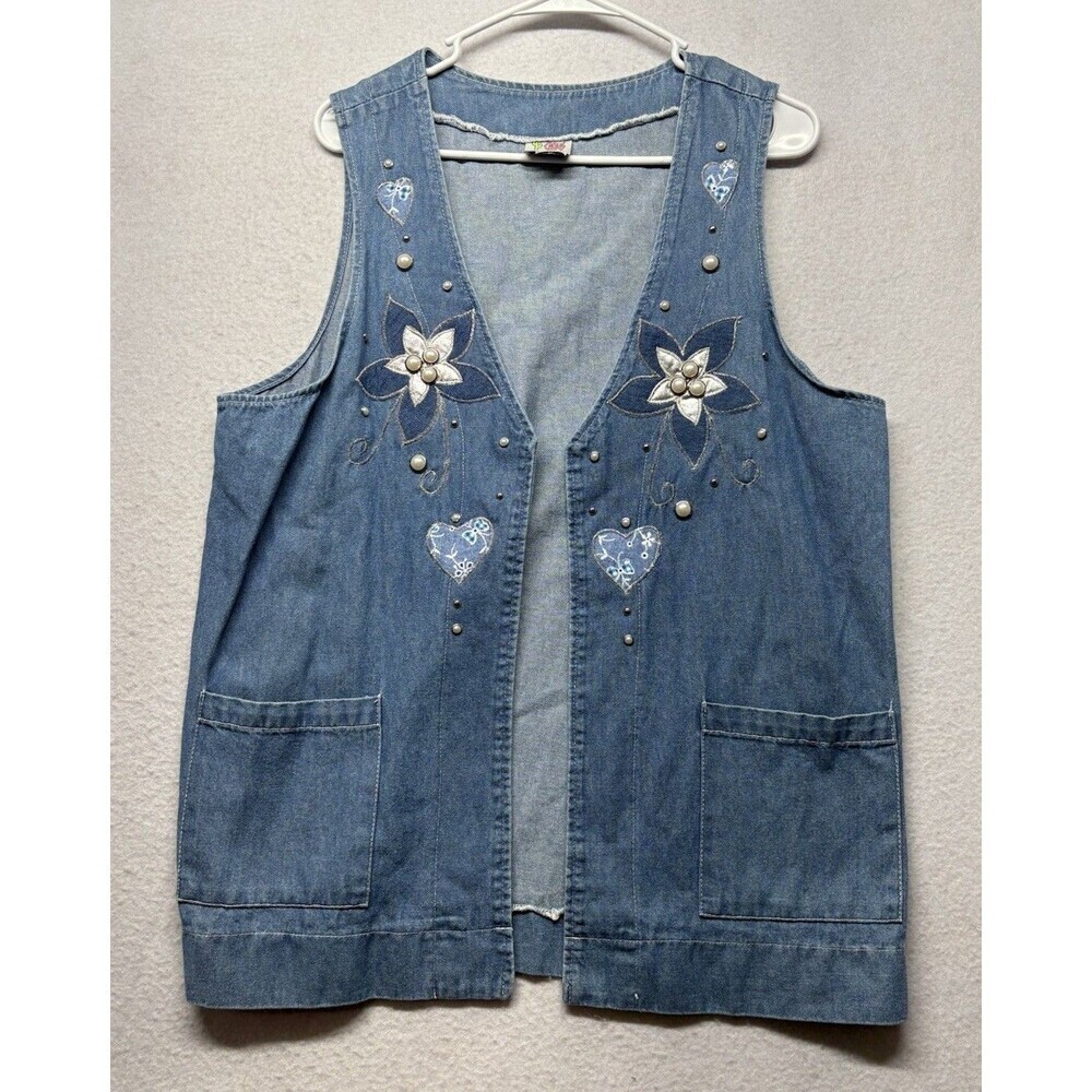 Cactus Southwestern Denim Vest Womens Size Medium Pearl Floral Embroidery